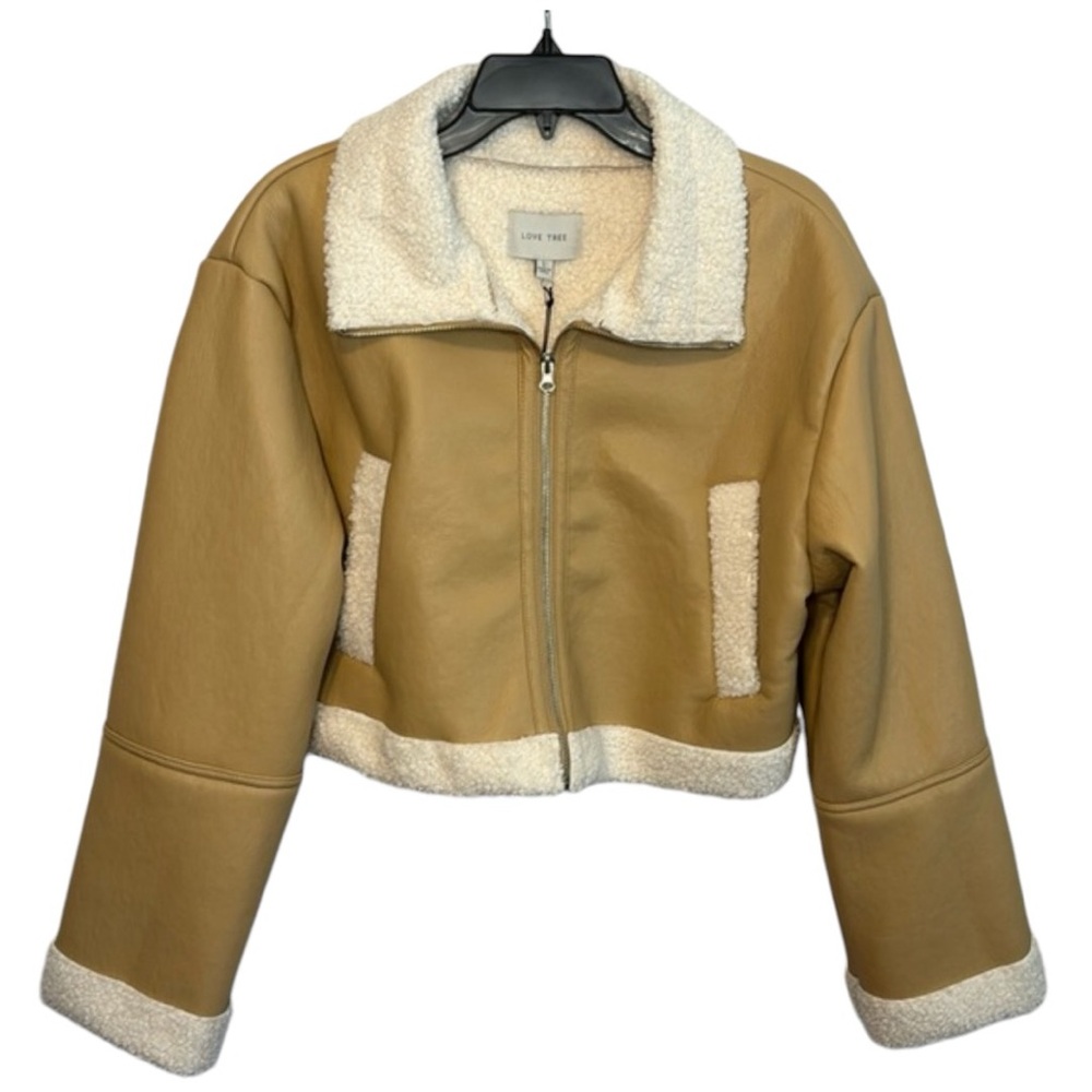 NWT Love Tree Tan Vegan Leather w/ Faux Sheepskin Trim Short Jacket in Size L